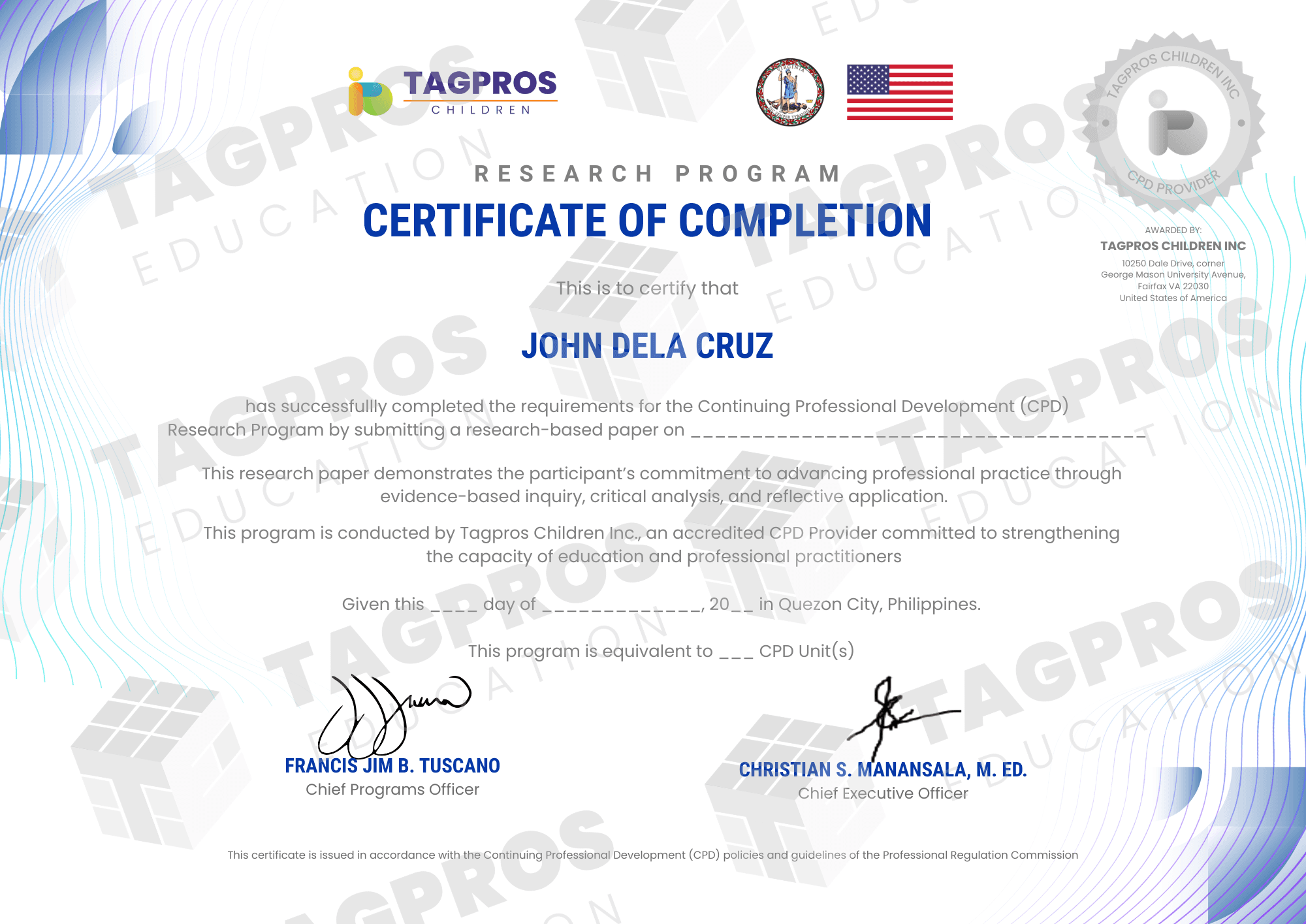USA Research Program Certificate